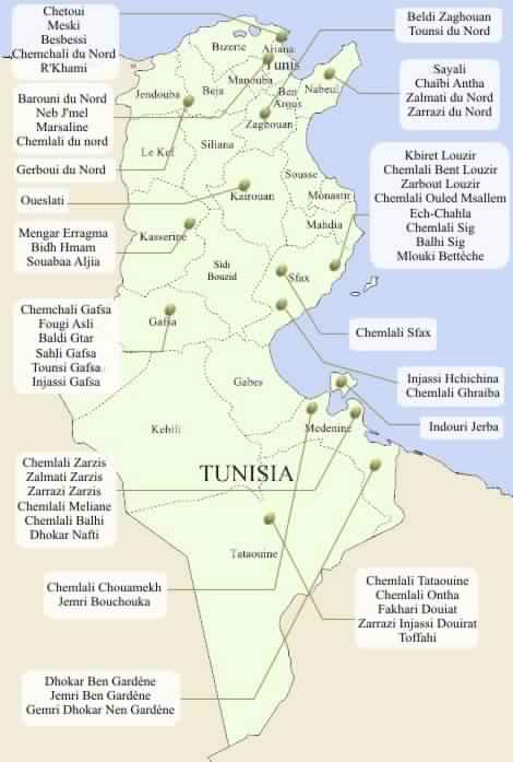 Karte Olivensorten Tunesien – (TRIGUI, A. et MSALLEM M. (2002): «Catalogue des variétés Autochtones et types locaux». IRESA. N°132, pp. 159-176.)