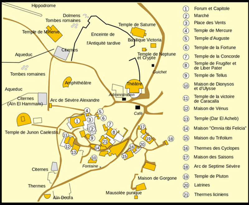 Karte von Dougga - Bild: Ewan ar Born - Image:Dougga.png by Jaumé Ollé i Casals, CC BY-SA 3.0, https://commons.wikimedia.org/w/index.php?curid=4462322