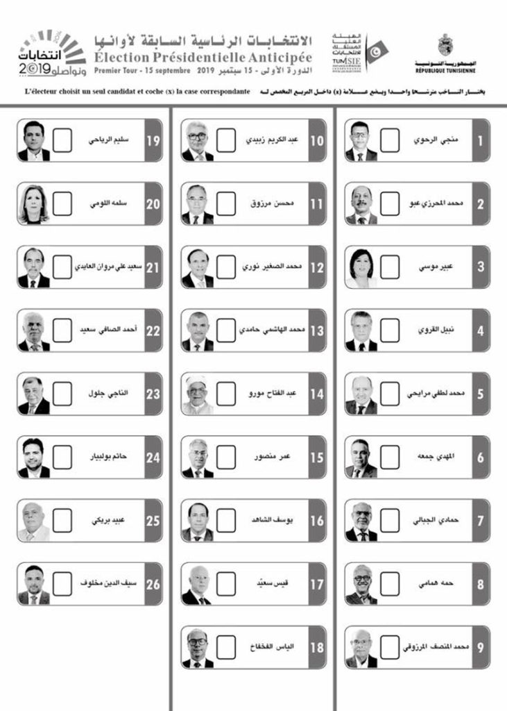 Wahlzettel Präsidentschaftswahlen am 15.09.2019 in Tunesien