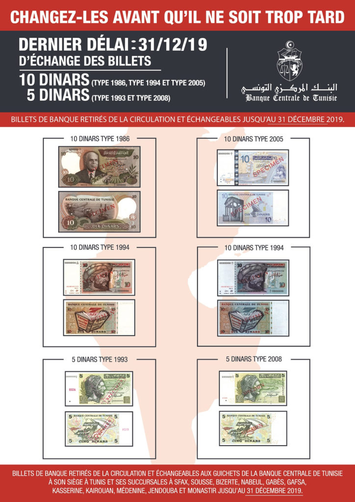 Letzte Umtauschfrist für diese alten 5 und 10 Dinar Banknoten bis Di., den 31. Dez. 2019