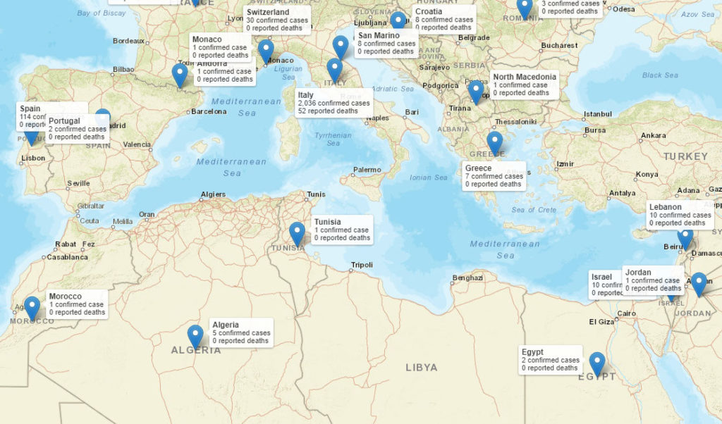Verbreitung des Coronavirus Covid-19 rund um das Mittelmeer, Stand 03.03.2020, 12 Uhr - Zum Vergrößern auf das Bild klicken