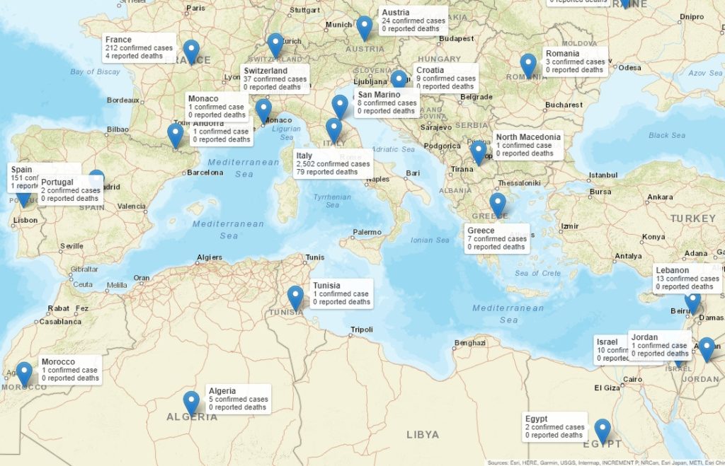 Verbreitung des Coronavirus Covid-19 rund um das Mittelmeer, Stand 04.03.2020, 15.30 Uhr - Zum Vergrößern auf das Bild klicken (öffnet in neuem Fenster)