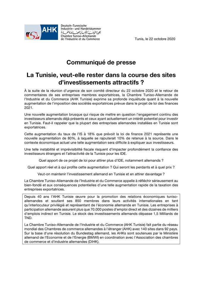 Haushalt 2021: Deutsch-Tunesische Handwerkskammer äußert Besorgnis