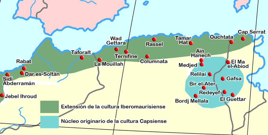 Menschliche Präsenz auf dem Gebiet des heutigen Tunesien - Ausbreitungsgebiet des Iberomaurusien (grün), Kerngebiet des Capsien (blau)