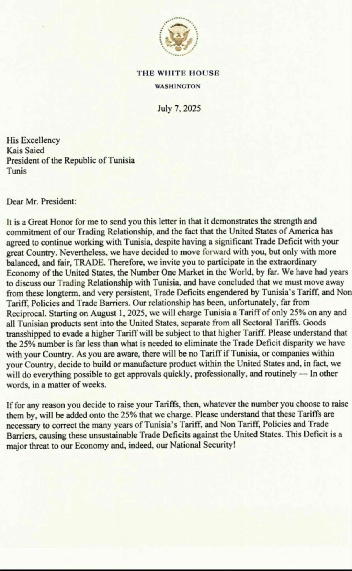 Trump Brief Zölle vom 7. Juli 2025