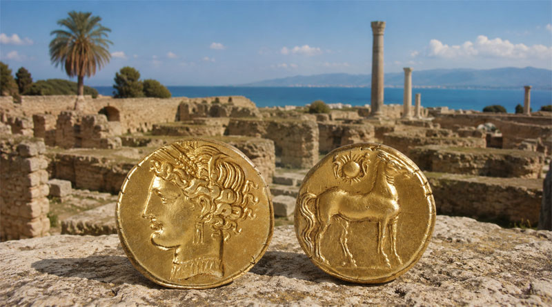 Goldm&uuml;nze der Tanit, hergestellt 255-241 v. Chr. in Carthage. Gewicht: 10,27g. Bild erzeugt mit ChatGPTVorderseite: Kopf der Tanit nach links mit &Auml;hrenkranz, Ohrgeh&auml;nge und Halsband. R&uuml;ckseite: Pferd steht nach rechts, dar&uuml;ber Sonnenscheibe mit zwei Ur&auml;usschlangen. Bild: CC0 @ Museum August Kestner - Verzicht auf alle Rechte.
