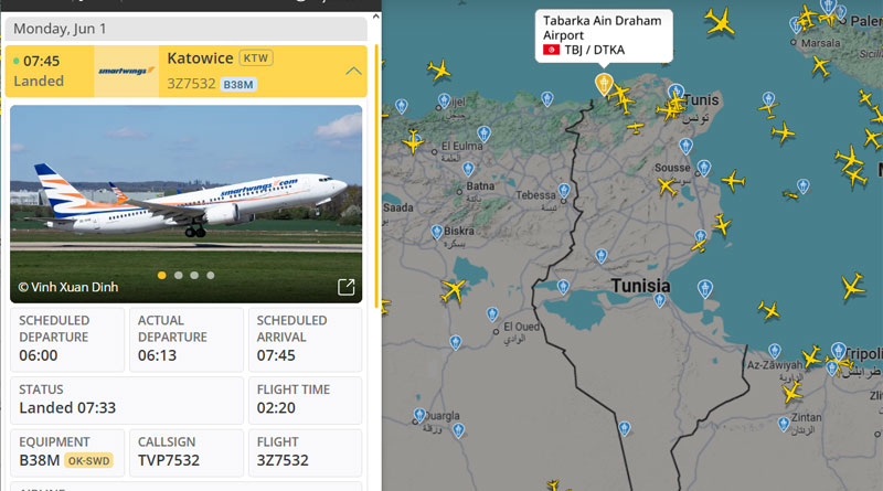 Sommer 2026: Erster Touristenflug der Saison auf dem Flughafen Tabarka–Aïn Draham gelandet - Titelbild: Screenshot Flightradar